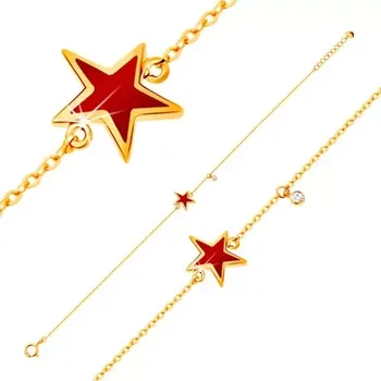 Náramek Náramek ve žlutém zlatě 585 s přívěsky - hvězda s červenou glazurou, čirý zirkon