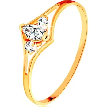 Prsten Prsten ze žlutého 14K zlata - rozdvojená ramena, tři čiré zirkony - Velikost: 58