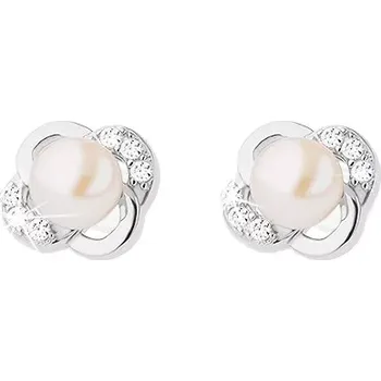 Náušnice Stříbrné náušnice 925, květ z hladkých a zirkonových okvětních lístků, bílá perla