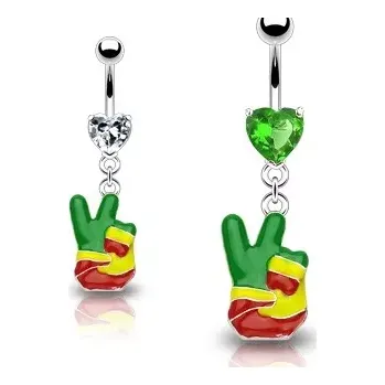 Piercing Piercing do pupku - rasta ruka, symbol "PEACE", srdcové zirkony - Barva zirkonu: Čirá - C