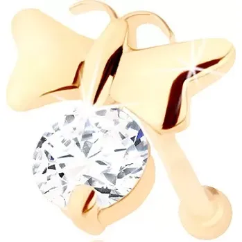 Piercing Briliantový piercing do nosu ve žlutém 14K zlatě - lesklý motýlek a čirý diamant