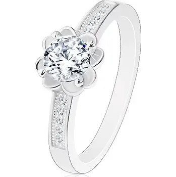 Prsten Stříbrný zásnubní prsten 925, čirý blýskavý kvítek, zdobená ramena - Velikost: 51