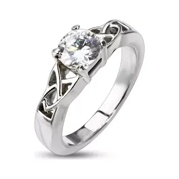 Prsten Ocelový zásnubní prsten - uzlíky kolem kulatého zirkonu - Velikost: 60