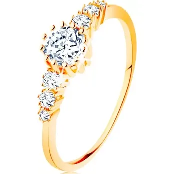 Prsten Zlatý prsten 585 - čirý kulatý zirkon, trojice menších zirkonků po stranách - Velikost: 49