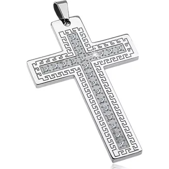 Přívěsek Přívěsek z chirurgické oceli - velký kříž se zirkony a řeckým klíčem
