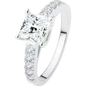 Prsten Zásnubní prsten ze stříbra 925, čirý zirkonový čtverec, ramena s kamínky - Velikost: 51