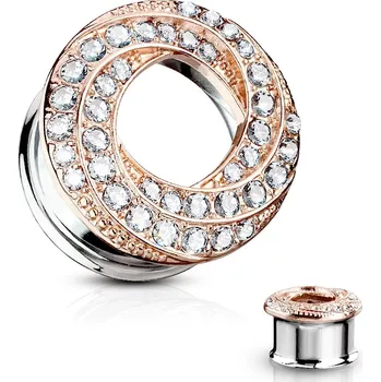 Piercing Ocelový plug do ucha - spirálovitě zatočená linie měděné barvy, čiré zirkony - Tloušťka : 14 mm