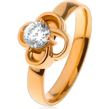 Prsten Lesklý ocelový prsten ve zlatém odstínu, obrys kvítku s čirým zirkonem - Velikost: 49