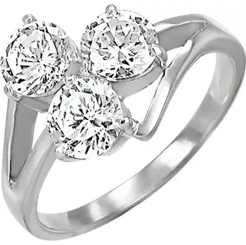 Prsten Ocelový prsten se třemi čirými zirkony na vystupujících liniích - Velikost: 52