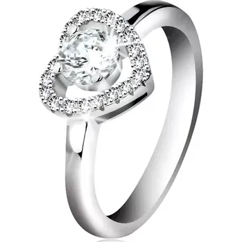 Prsten Rhodiovaný prsten, stříbro 925, blýskavá kontura srdce a kulatý zirkon čiré barvy - Velikost: 54