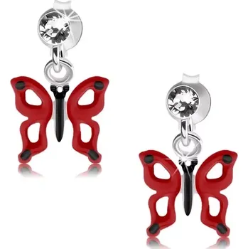 Náušnice Puzetové náušnice, stříbro 925, čirý krystal Swarovski, červenočerný motýl