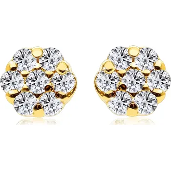 Náušnice Diamantové náušnice ze 14K žlutého zlata - malý květ, kulaté čiré diamanty, puzetky