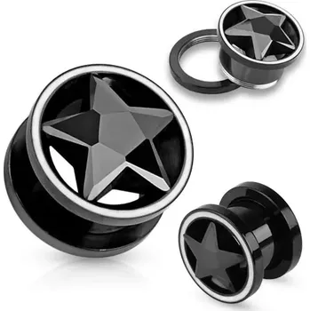 Piercing Tunel plug z oceli černé barvy, zirkonová broušená hvězda, bílý lem - Tloušťka : 12 mm