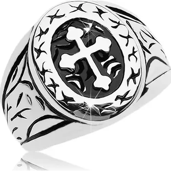 Prsten Prsten stříbrné barvy, chirurgická ocel, velký ovál s jetelovým křížem - Velikost: 58