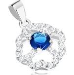 Stříbrný rhodiovaný přívěsek 925, čirý obrys květu s modrým zirkonem