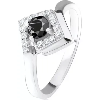 Prsten Stříbrný 925 prsten, kulatý černý kamínek v zirkonovém kosočtverci - Velikost: 50