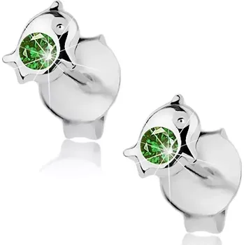 Náušnice Stříbrné 925 náušnice, delfínek zdobený zeleným krystalem Swarovski