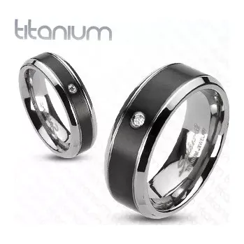 Prsten Titanový prsten - černý pás se zirkonem - Velikost: 62