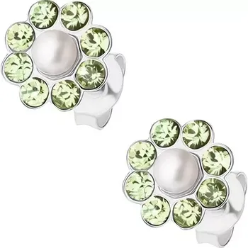Náušnice Puzetové náušnice, stříbro 925, třpytivý kvítek, světle zelené krystaly, perlička