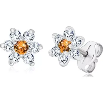 Náušnice Stříbrné 925 náušnice - třpytivý zirkonový květ s medově oranžovým středem