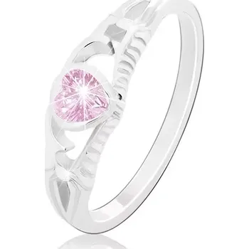 Prsten Stříbrný 925 prsten, růžové zirkonové srdce, rozdělená ramena s ornamenty - Velikost: 57