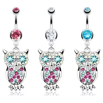 Piercing Ocelový barbell do pupíku - zirkonové kuličky a barevná sova - Barva zirkonu: Aqua modrá - Q