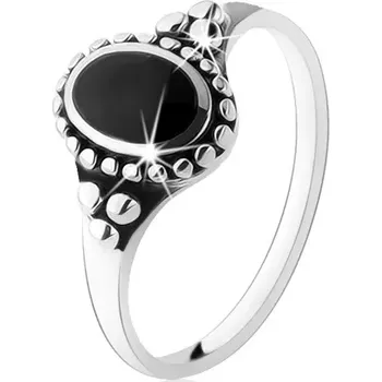 Prsten Patinovaný prsten ze stříbra 925, černý ovál, kuličky, vysoký lesk - Velikost: 49
