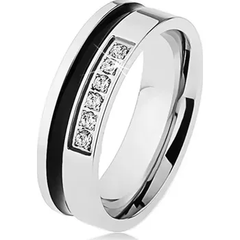Prsten Zrcadlově lesklý ocelový prsten stříbrné barvy, černý pruh, linie zirkonů - Velikost: 67