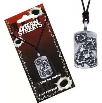 Náhrdelník Černý náhrdelník s přívěskem, obrysy děr po kulkách na tabuli