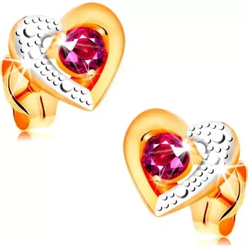 Náušnice Zlaté náušnice 585 - růžový rubín ve dvoubarevném obrysu srdce, gravírování