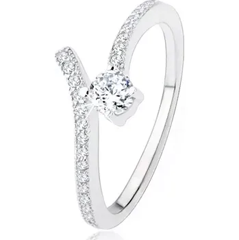 Prsten Stříbrný zásnubní prsten 925, rozdvojená ramena, čiré zirkony - Velikost: 59
