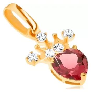 Přívěsek Přívěsek ve žlutém 14K zlatě, zirkonová korunka, červený srdíčkovitý granát