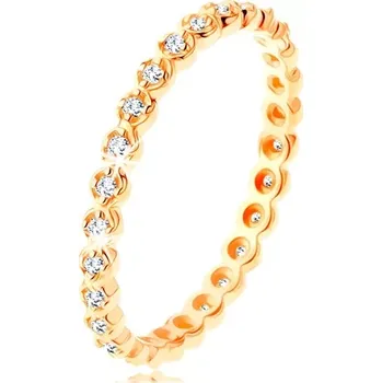 Prsten Zlatý prsten 585 - kulaté čiré zirkonky po celém obvodu, zvlněné okraje - Velikost: 51