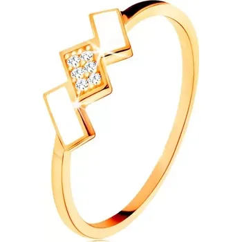 Prsten Zlatý prsten 585 - šikmé obdélníky pokryté bílou glazurou a zirkony - Velikost: 59