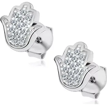 Náušnice Stříbrné náušnice 925, ruka Hamsa vykládaná zirkonky čiré barvy