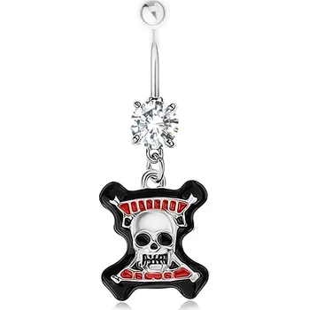 Piercing Piercing do pupíku, ocel 316L, čirý zirkon, lebka, černý lem, červené proužky