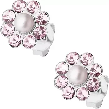 Náušnice Stříbrné náušnice 925, světle fialový kvítek s bílou kulatou perlou