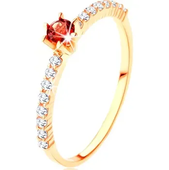 Prsten Zlatý prsten 585 - čiré zirkonové linie, vyvýšený kulatý červený granát - Velikost: 50