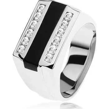 Prsten Prsten ze stříbra 925, černý glazovaný pásek, čiré zirkonové linie - Velikost: 56