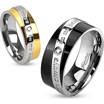 Prsten Dvojbarevná obroučka z oceli, šikmý pás s vyznáním lásky, čirý zirkon - Velikost: 62