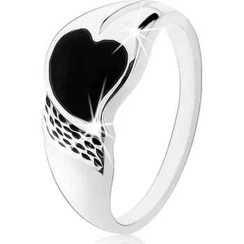 Prsten Prsten ze stříbra 925, asymetrické srdíčko s černým flitrem, drobné zářezy - Velikost: 59