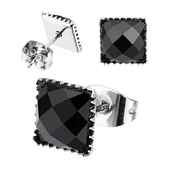 Náušnice Ocelové náušnice - vsazený čtvercový zirkon, puzetové zapínání - Velikost zirkonu: 7 mm