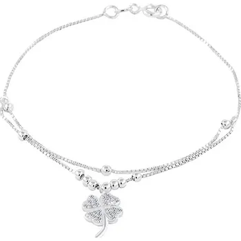 Náramek Šperky Eshop Stříbrný 925 náramek, čtyřlístek se zirkony, kuličky, dvojitý řetízek 190 mm