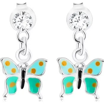 Náušnice Stříbrné náušnice 925, glazovaný motýlek s puntíky, krystal Swarovski