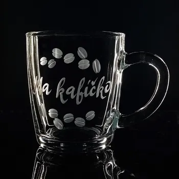 Hrnek skleněný na kávu 300ml - Na kafíčko - ručně ryté (broušené), dárková krabička