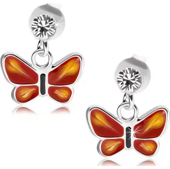 Náušnice Stříbrné 925 náušnice, čirý krystalek Swarovski, červeno-žlutý motýlek