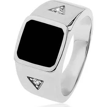 Prsten Stříbrný prsten 925, čtverec s černou glazurou, trojúhelníky se zirkonem - Velikost: 56