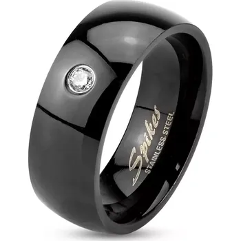 Prsten Prsten z oceli 316L v černé barvě, vypouklá lesklá ramena, čirý zirkon, 8 mm - Velikost: 65
