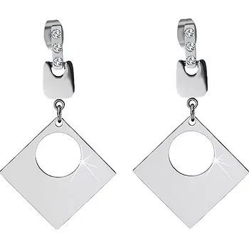 Náušnice Náušnice z chirurgické oceli - tři čiré zirkony, lesklý čtverec s kulatým výřezem