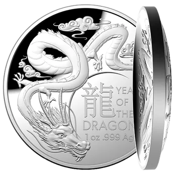Stříbrná mince Lunární série Year of the Dragon (Rok draka) 1 Oz 2024 Dome PROOF (Lunar RAM)